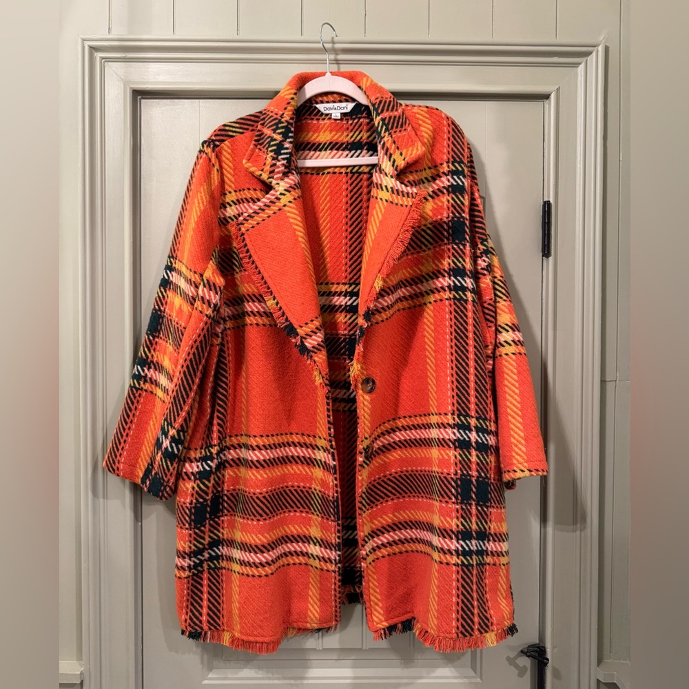 DAVI & DANI Orange Plaid Fun Vibrant Winter/Fall Coat Retro Look Size Large NWOT